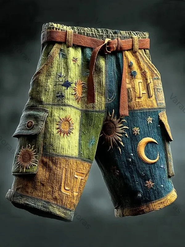 Men's Patchwork Sun Moon Star Boho Art Print Casual Cargo Shorts ce8d