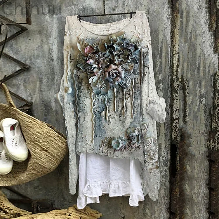 Women's Vitange Floral Art Round Neck Shirt