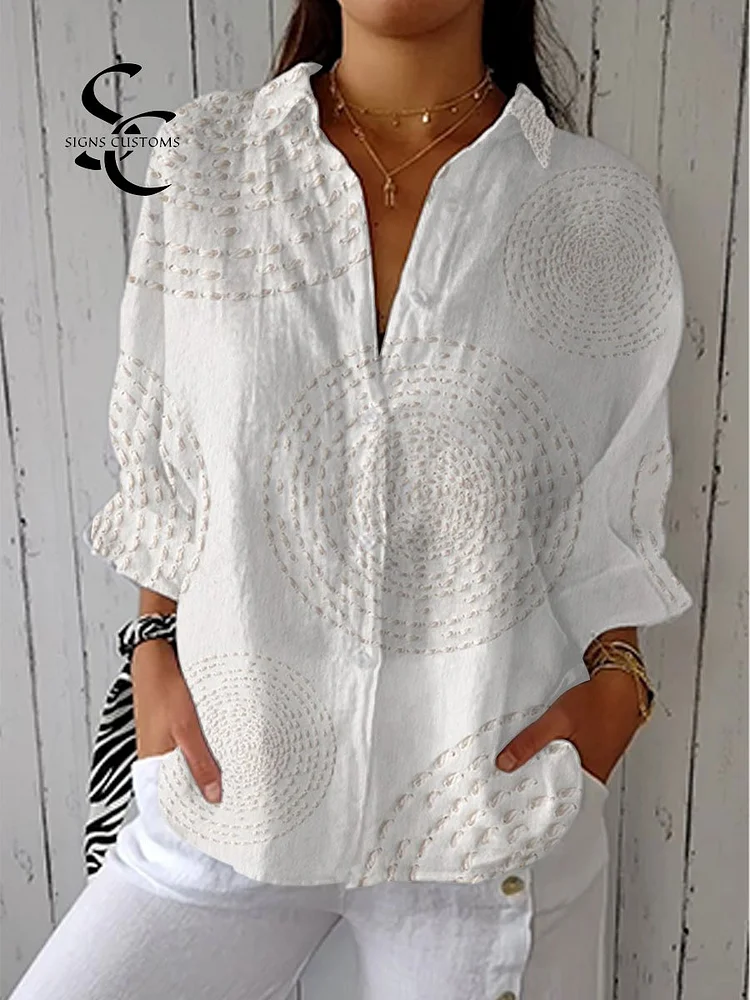 Women's  Vintage Abstract Geometric Art Print Casual Linen V-neck Shirt