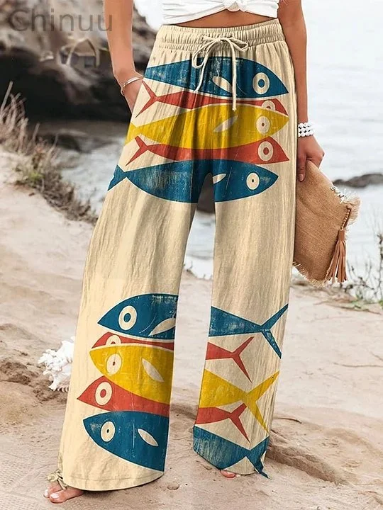 Women's Vintage Fish Sardine Art Print Cotton And Linen Casual Pants
