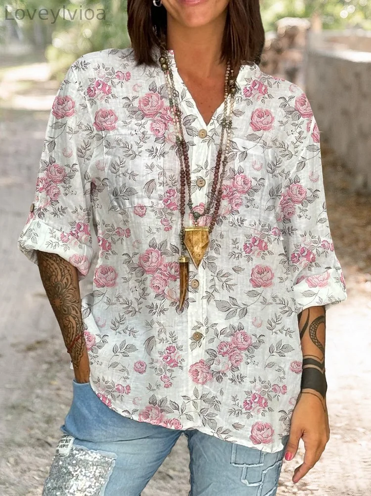 Women's Small Pink Rose Flowers Print Casual Cotton And Linen Shirt