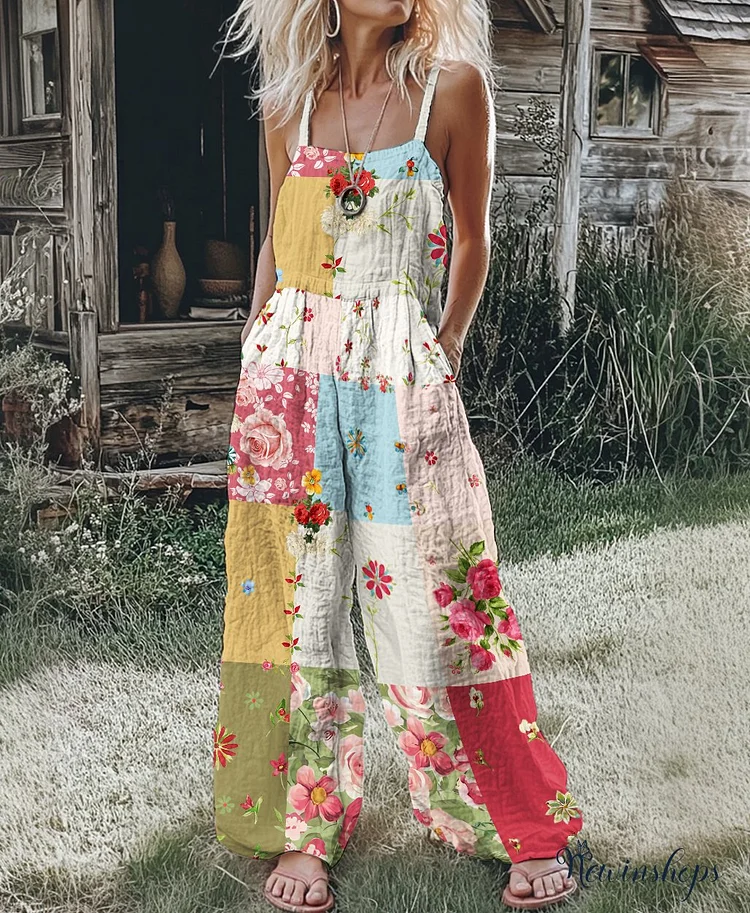 Women's Vintage Floral Art Print Comfy Jumpsuit