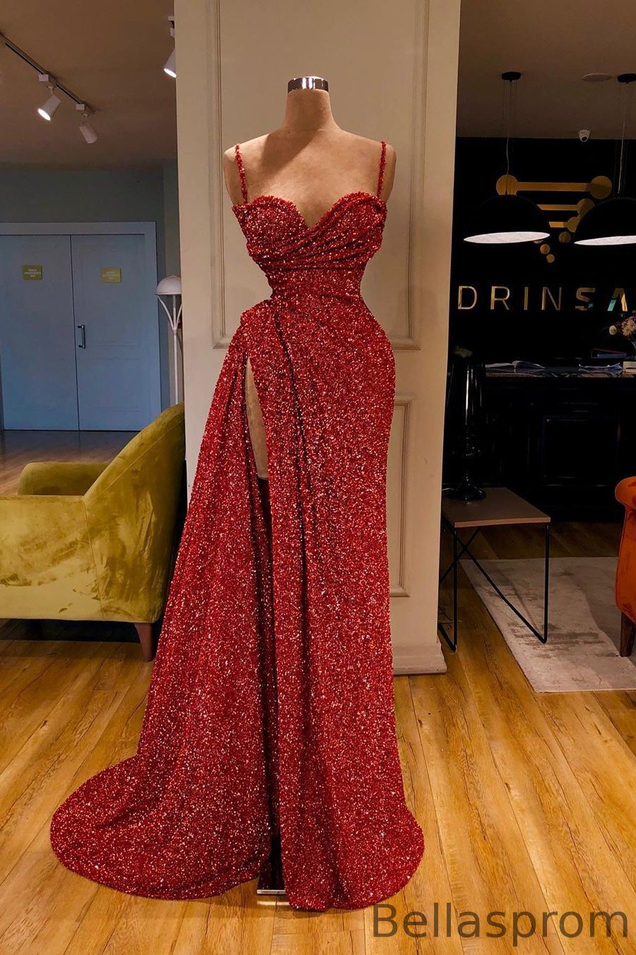 Bellasprom Spaghetti-Straps Sleeveless Burgundy Prom Dress Long Sequins With Split Bellasprom