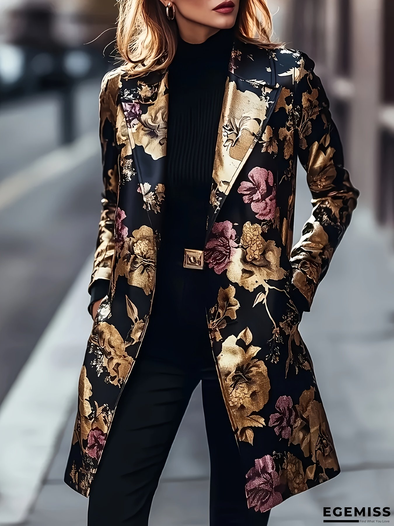 Women's Elegant Floral blazer - Long Sleeve business jacket, Golden Yellow & Deep Red Floral pattern, Structured non-stretch fabric for Office, Formal Events, Everyday Chic - All-Season Women's Suit Coat, Suedelike Appearance | EGEMISS