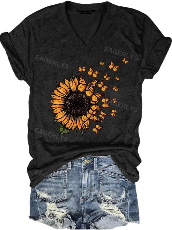 Eagerlys Eagerlys Sunflower Butterfly V-neck T-shirt Eagerlys
