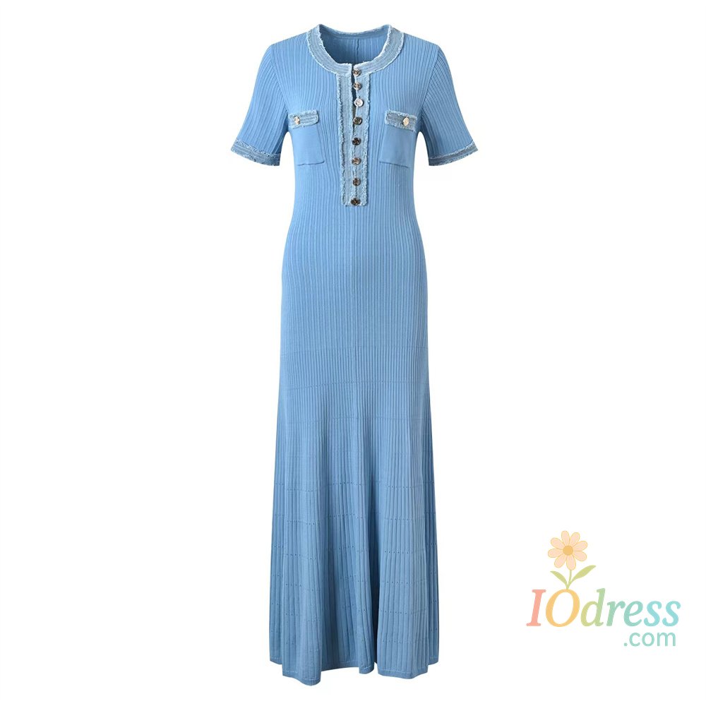 IO Dress Elegant Contrasting Women Knit Maxi Dress Chic O-neck Short Sleeve Metal Buttons Bodycon Dresses Office Lady Commuting Robe IO Dress