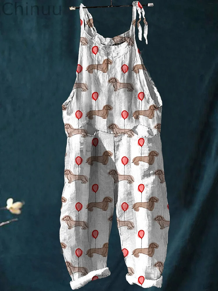 Dachshund Dog And Red Balloon Repeat Pattern Printed Women's Casual 100% Cotton Wide Leg Jumpsuit