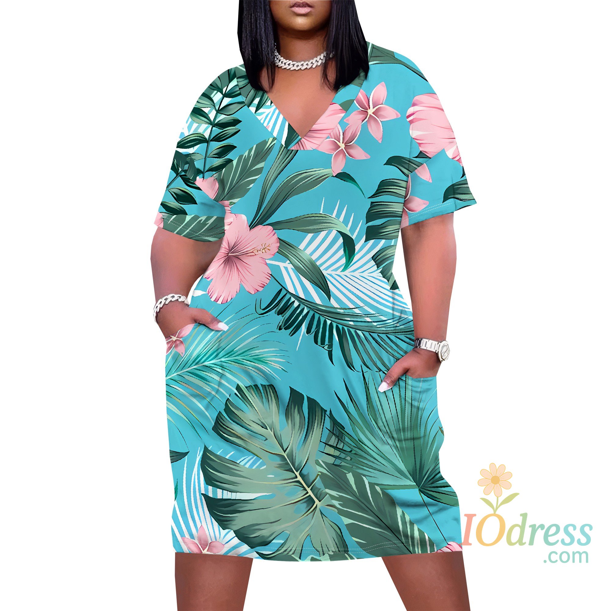 IO Dress Plus Size Watercolor Floral Dress for Women – Elegant Summer V Neck Loose Casual T Shirt Dress with Pockets