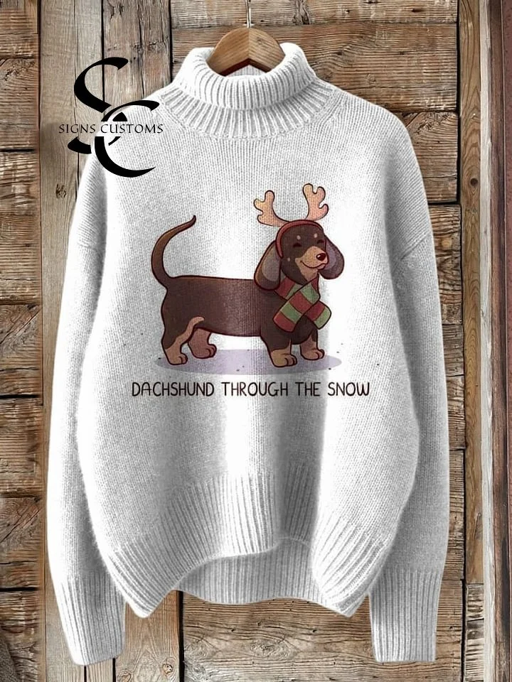 Turtleneck Sweater with a Christmas Dachshund Graphic Print