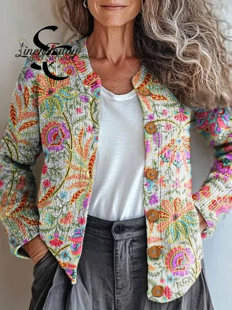 Women's Bohemian Colorful Floral Art Pattern Print Buttoned Cardigan Sweater