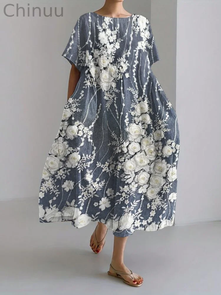 White Roses 3D Floral Lace Linen Blend Maxi Dress