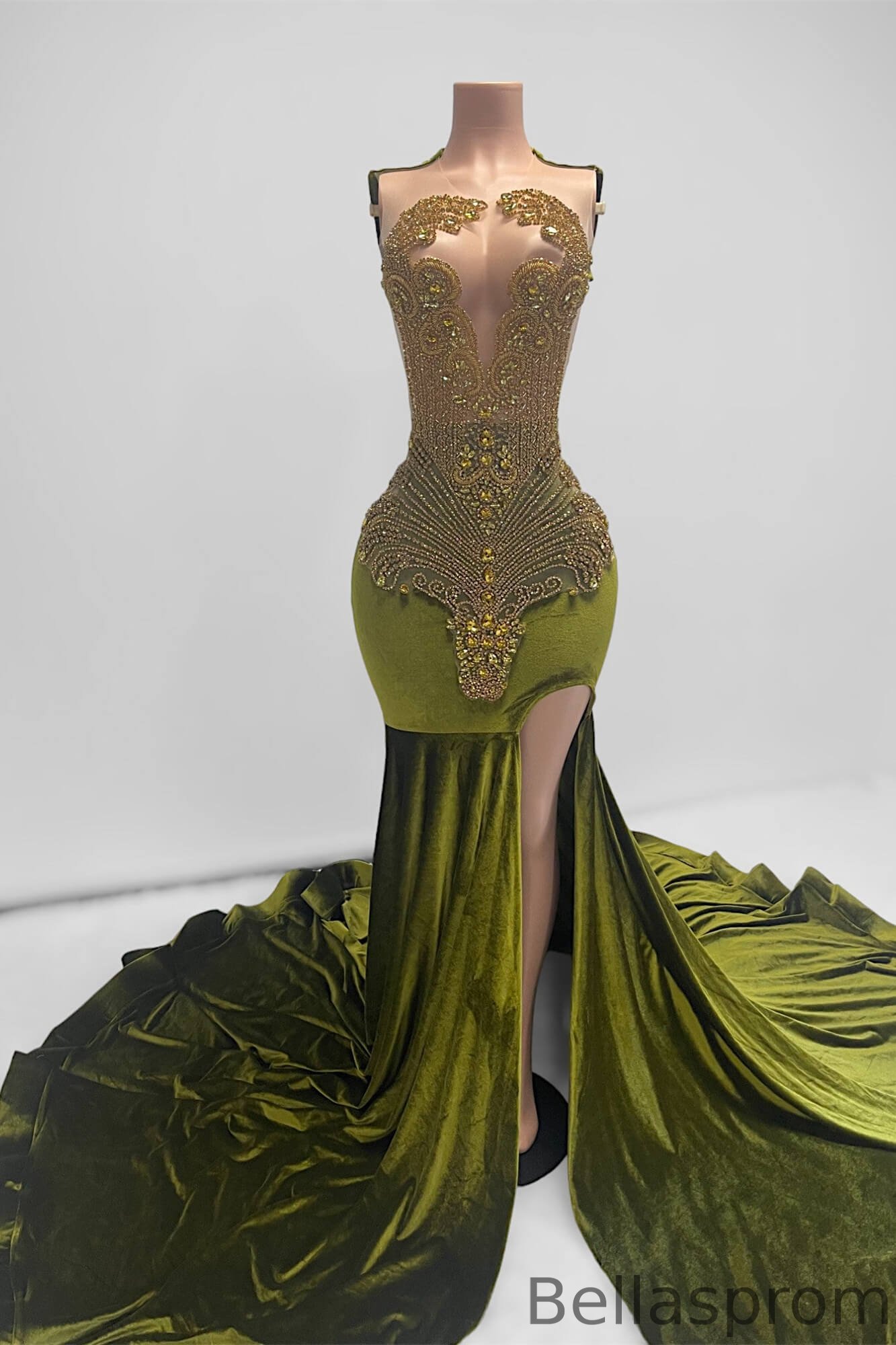 Bellasprom Army Green Scoop Sleeveless Mermaid Prom Dress With Split Beadings Bellasprom