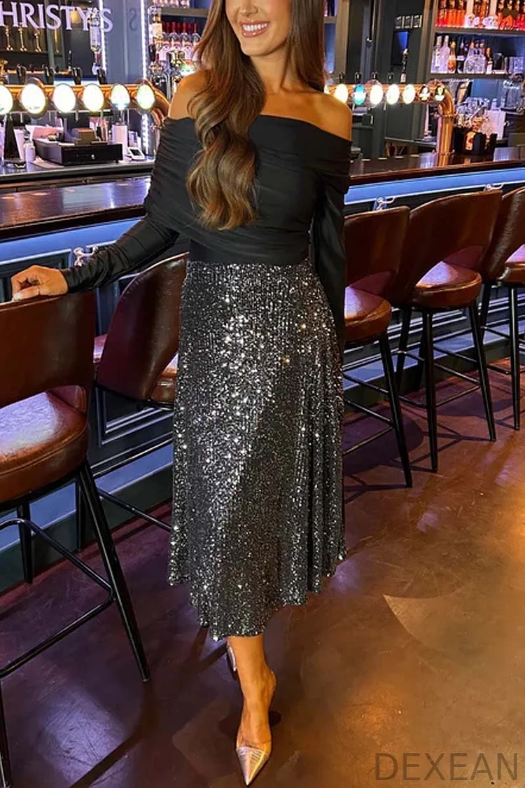 Women's elegant party sequin patchwork off-the-shoulder dress