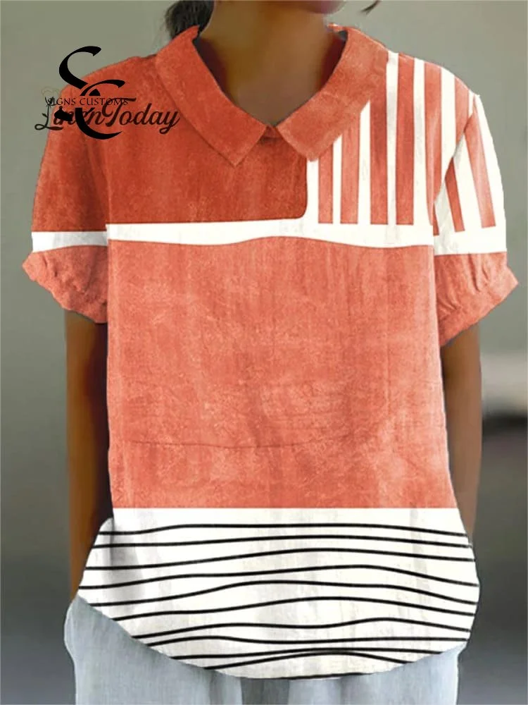 Women's Abstract Geometric Art Print Casual Cotton And Linen Shirt