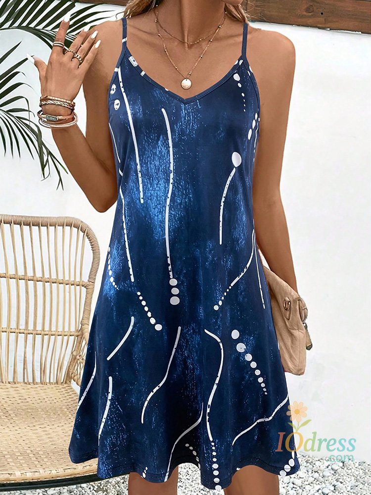IO Dress Women's Summer Spaghetti Strap Dress, Blue Abstract Print, Flowy Fit for Vacation Outfits, Lightweight Summer Clothes IO Dress
