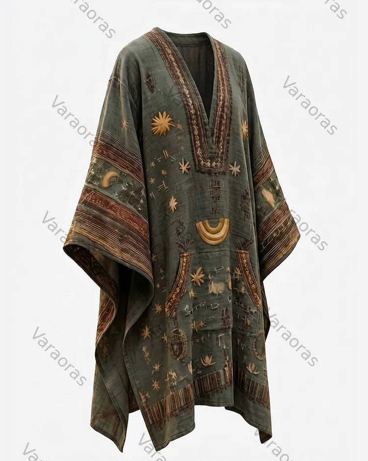 Men's Summer Fashion Star and Moon Embroidered Linen Hooded Cape 4037