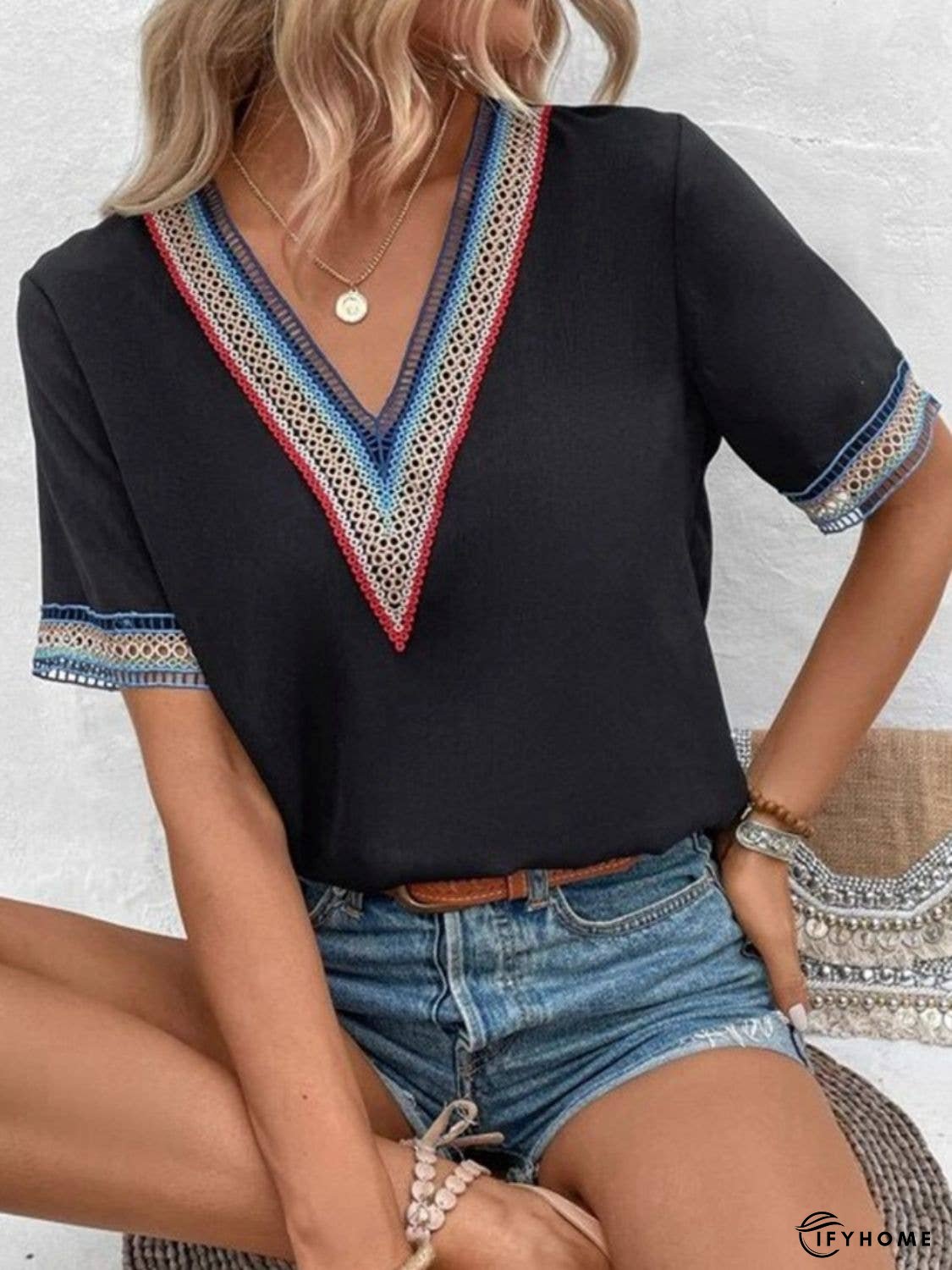 Full Size V-Neck Short Sleeve Blouse | IFYHOME