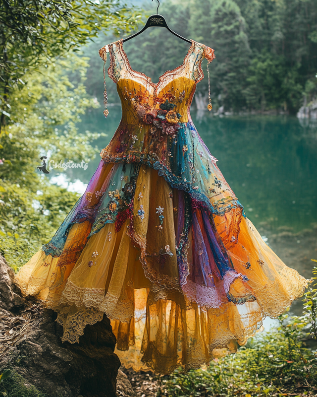 Summer Irregular Lace Patchwork BeadedRuffle Dress a732