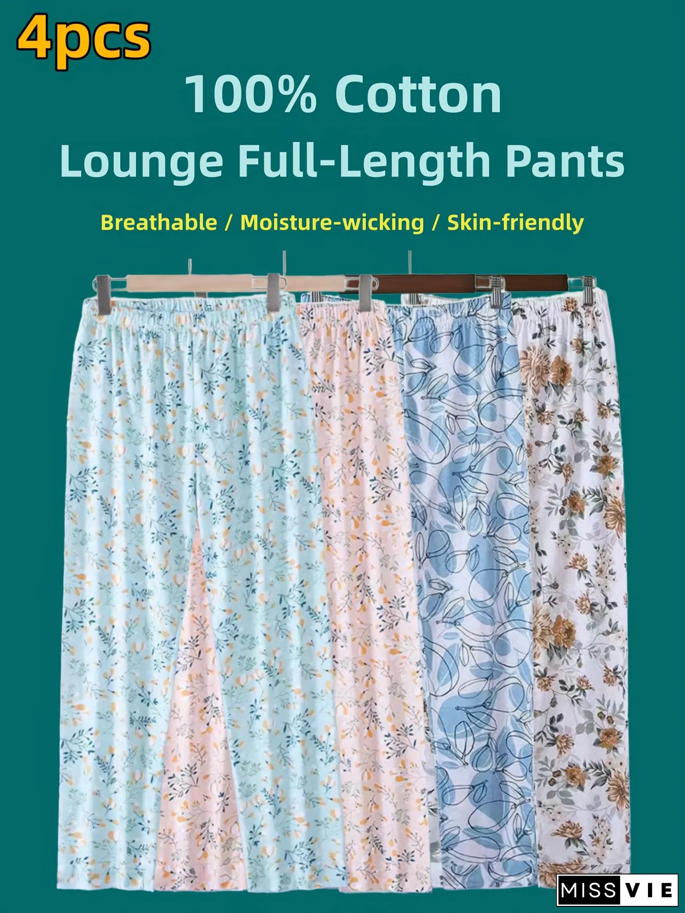 4Pcs Womens Oversized Floral Pants-All-Season Breathable Moisture-Wicking Sleepwear
