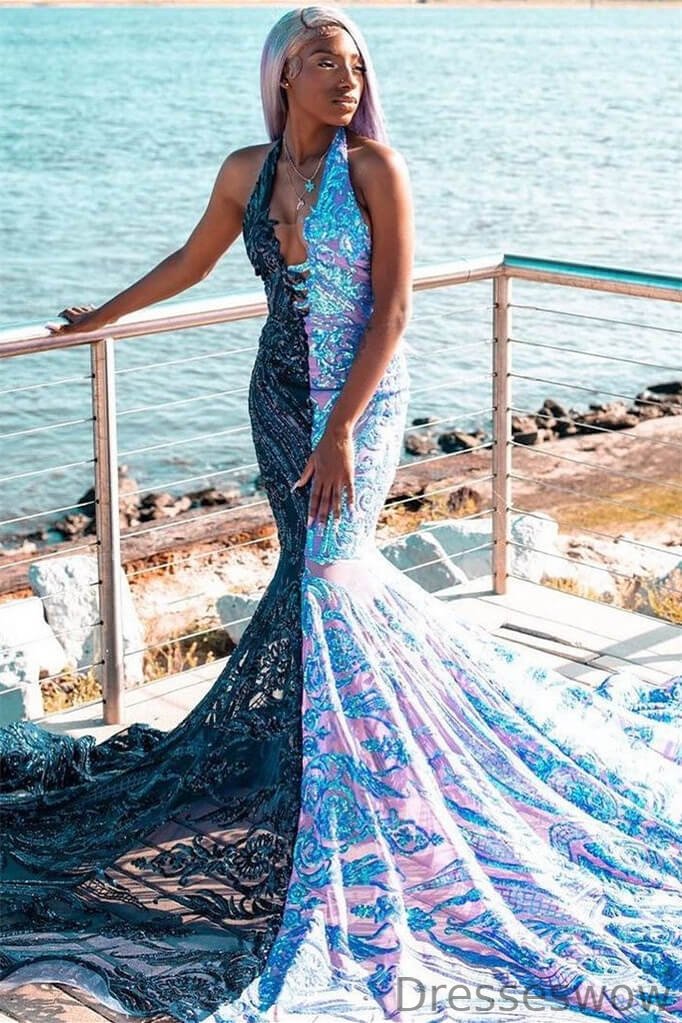 Dresseswow Dark Green and Ocean Blue Halter Sleeveless Evening Gowns Mermaid With Sequins Lace