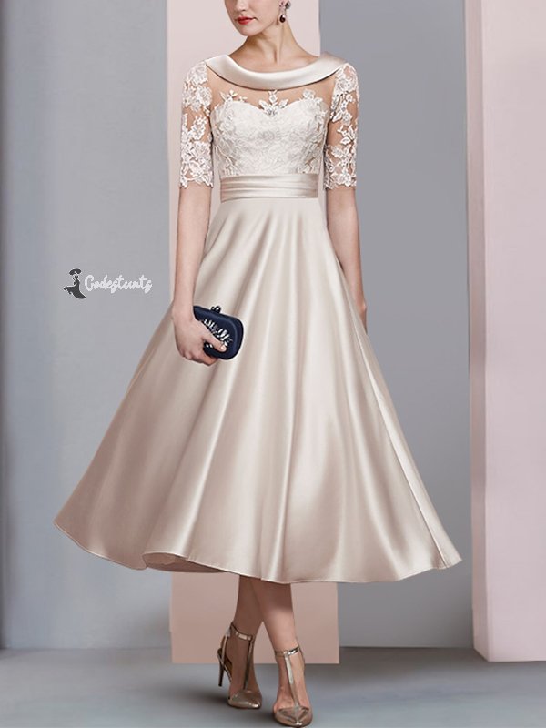 Round Neck Solid Color Lace Midi Dress