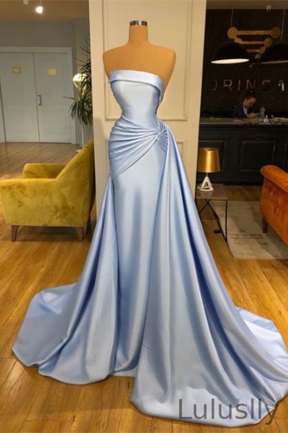 Luluslly Baby Blue Strapless Mermaid Prom Dress Long Overskirt