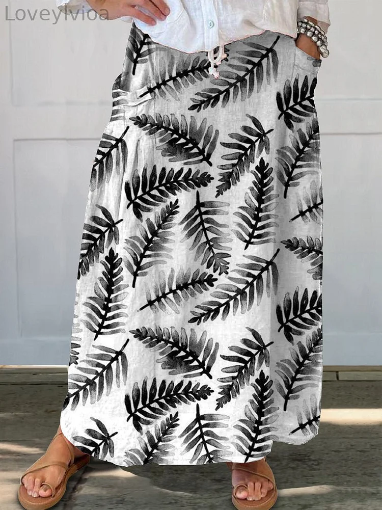 Women's Vintage Leaf Art Linen Pocket Skirt