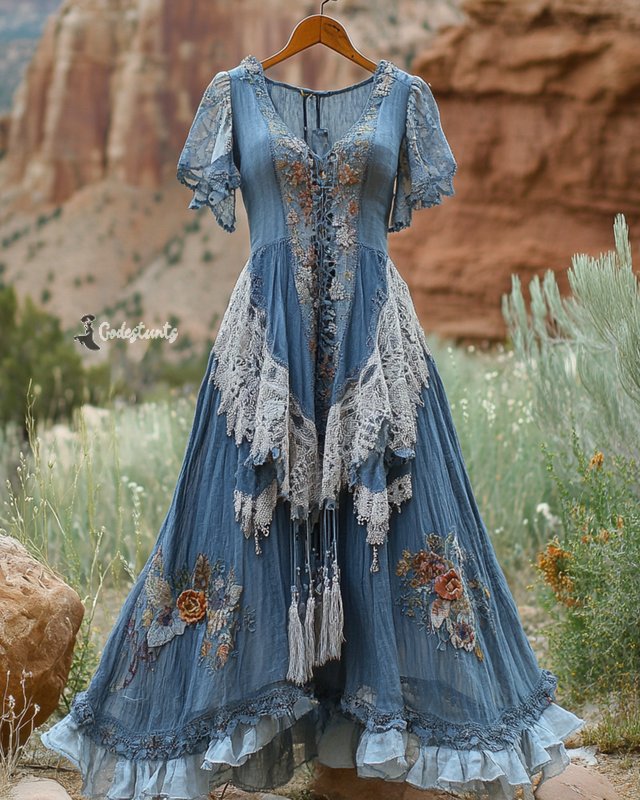 Summer Vintage Floral Lace Patchwork Dress 55a3