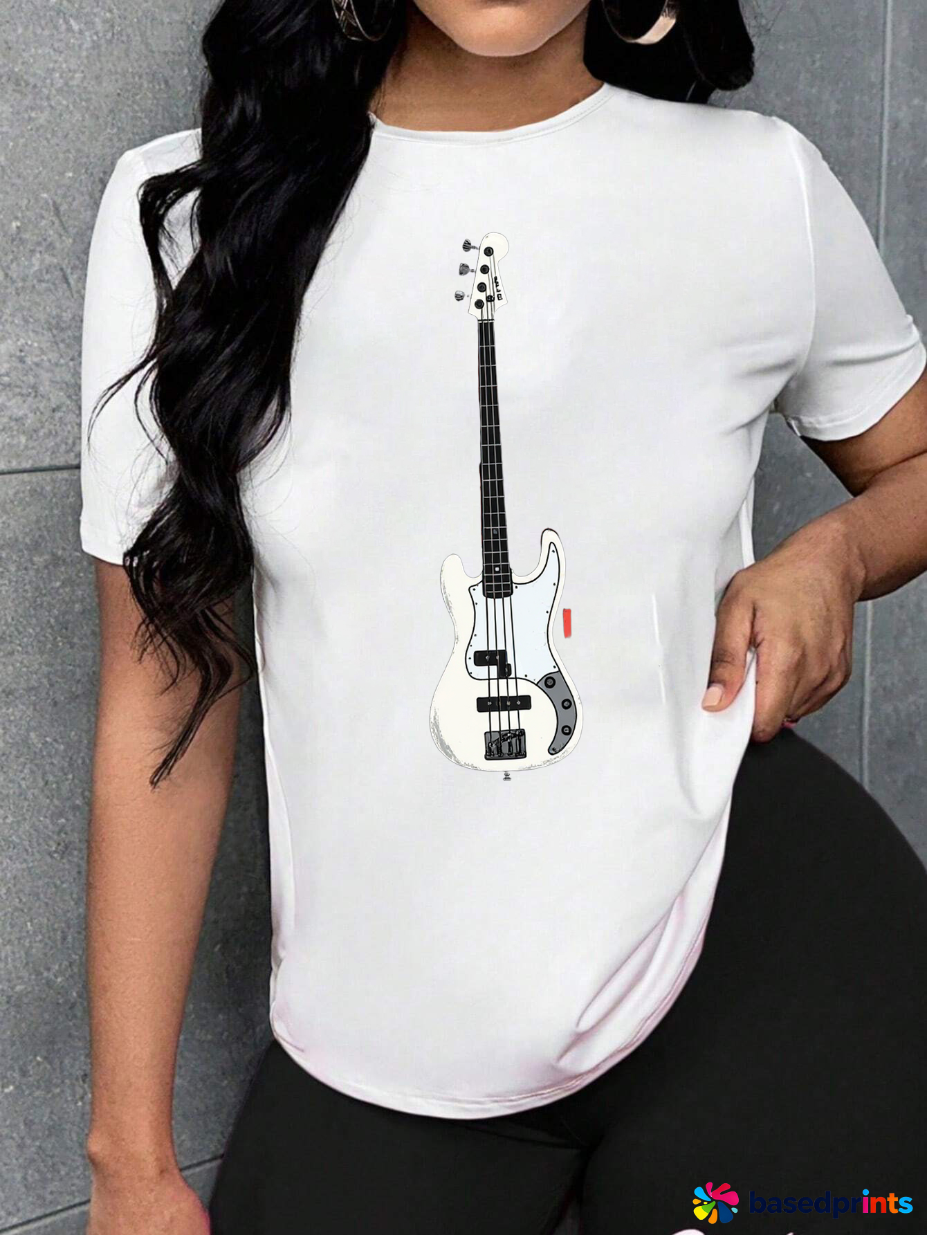 White Short Sleeve T-Shirt with Guitar Print