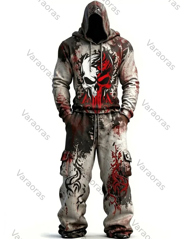 Men's Fashion Skull Contrast Color Embroidered Hoodie & Pants Two-Piece Set 3192