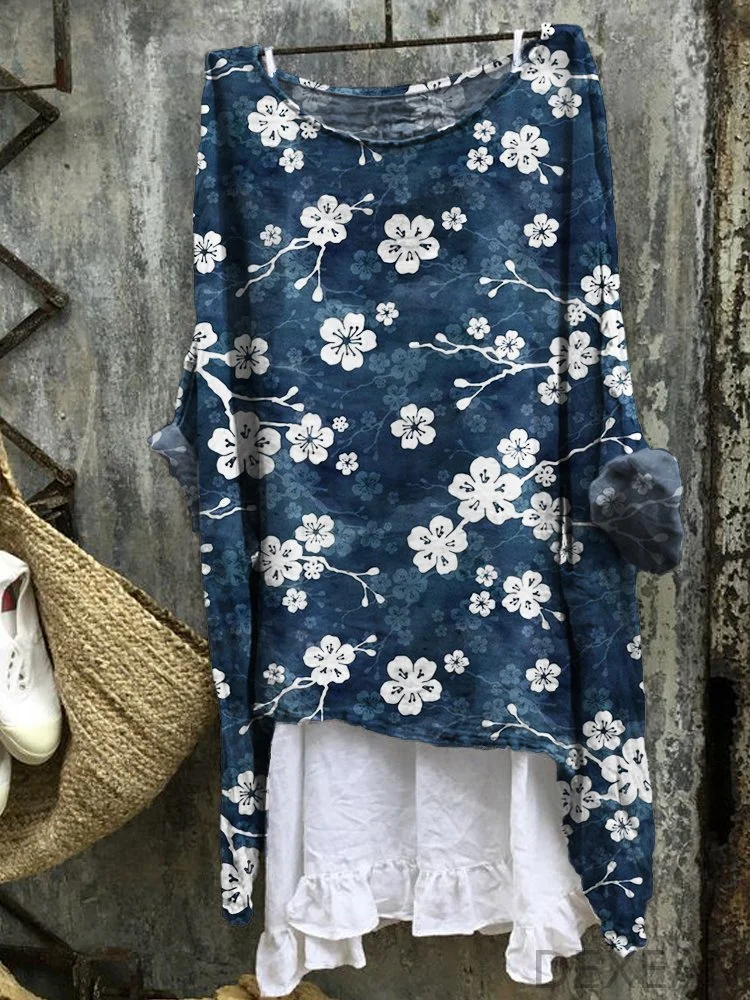 Cherry Blossom Japanese Lino Pattern Linen Blend Tunic
