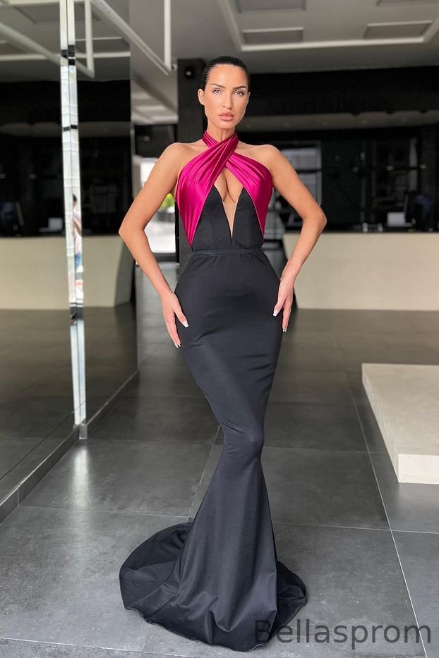 Bellasprom Halter V-Neck Evening Dresss Mermaid Long Black Sleeveless Bellasprom