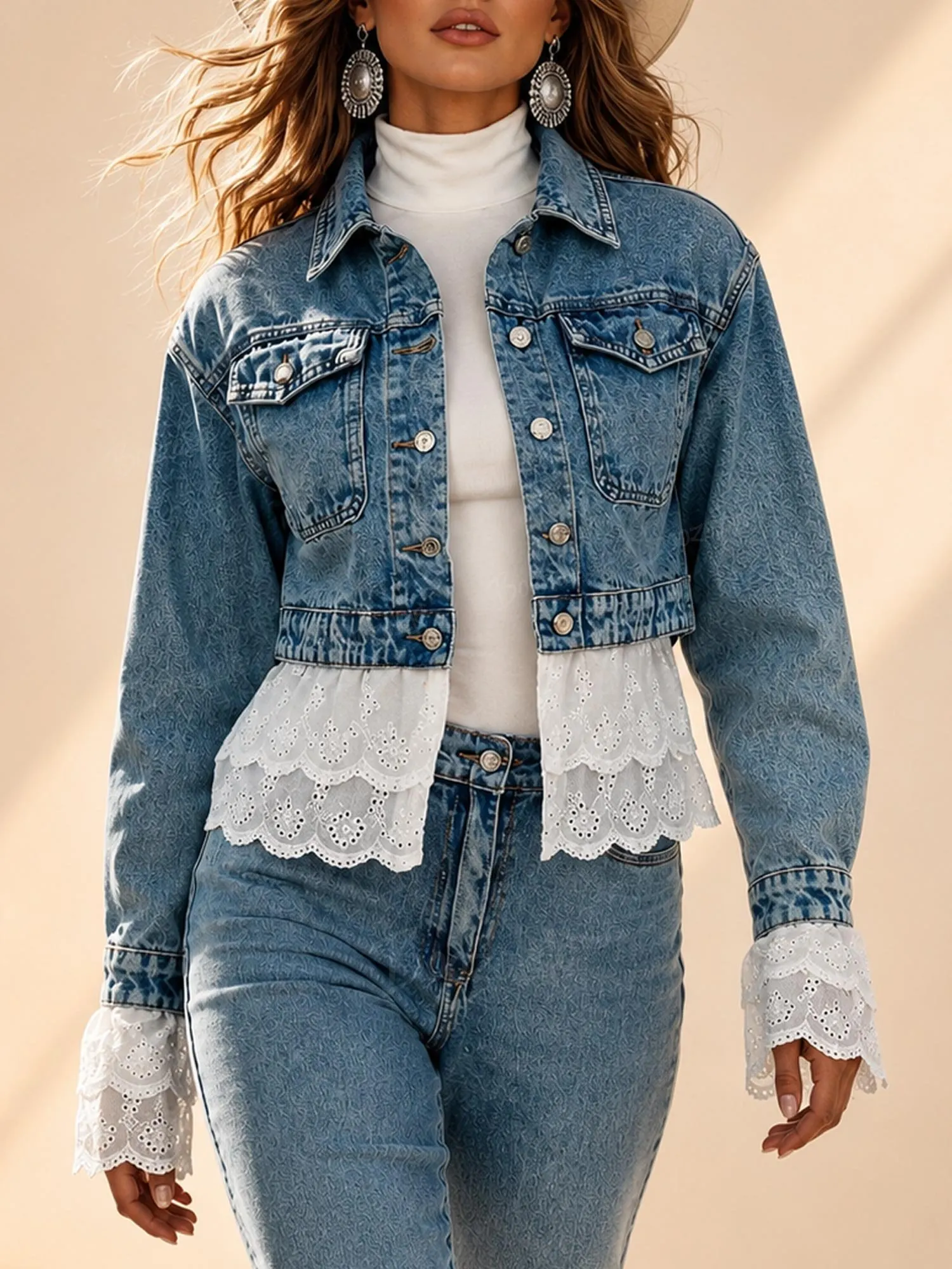 Ideal for Autumn Festivals & Country Road Trips &mdash; Medium Wash Blue, Eyelet Lace Trim Cropped, Cotton Denim Jacket