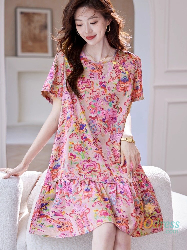 IO Dress Floral Summer Dress Short Sleeve - Boho Loose Fit, Casual & Party, Thin Fabric IO Dress