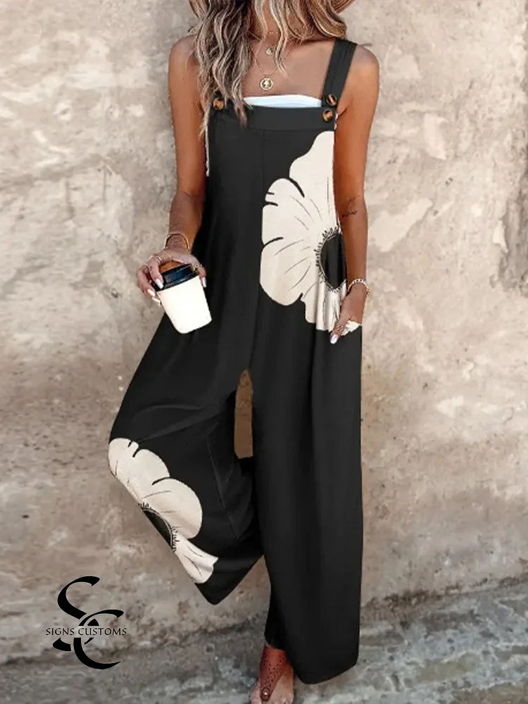 Women's Sleeveless Printed Retro Casual Overalls Jumpsuit