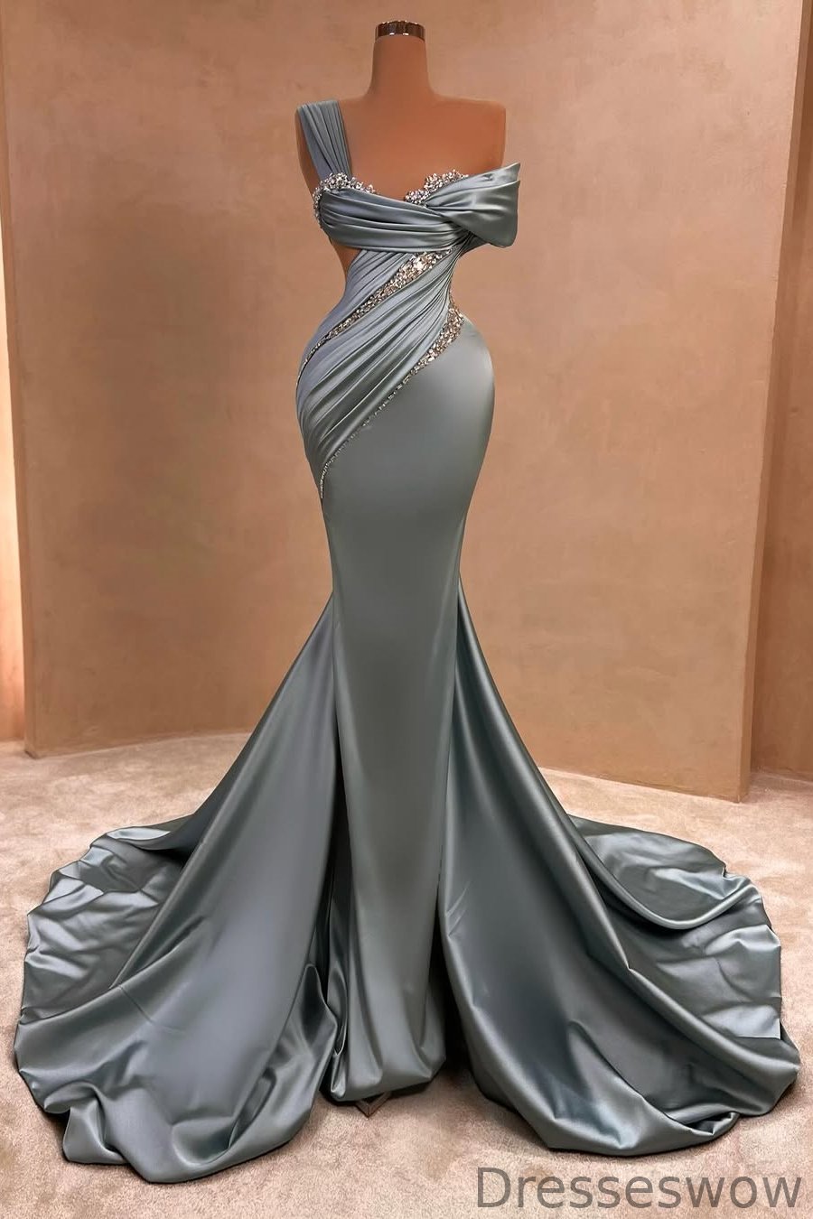 Dresseswow Dusty Blue Off-the-Shoulder Mermaid Prom Gown With Beads Pleats Long