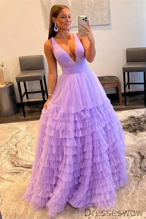 Dresseswow Lilac V-Neck Sleeveless Tulle Prom Dress Long Online