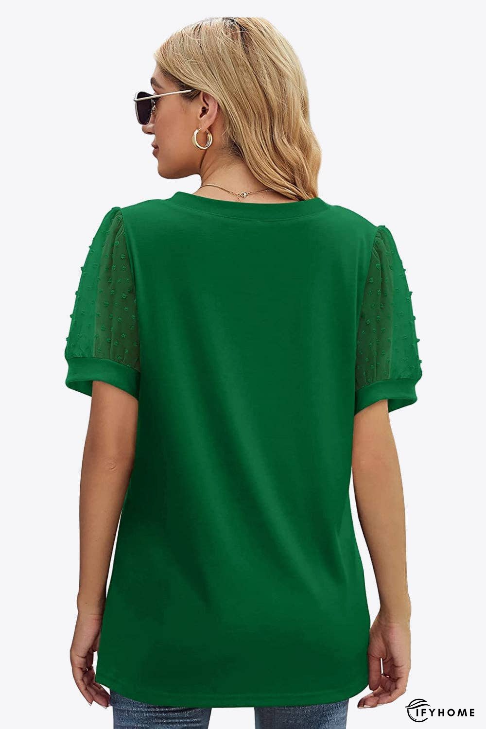 Swiss Dot Puff Sleeve V-Neck Tee | IFYHOME