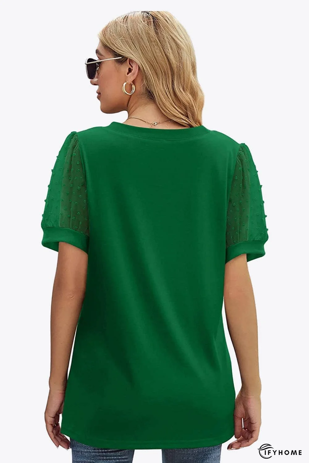 Swiss Dot Puff Sleeve V-Neck Tee | IFYHOME