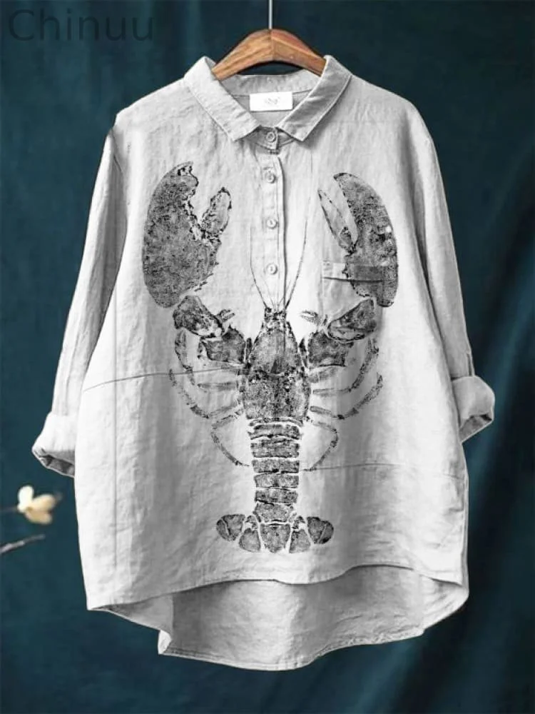 Vintage Lobster Pattern Art Print Casual Cotton And Linen Shirt