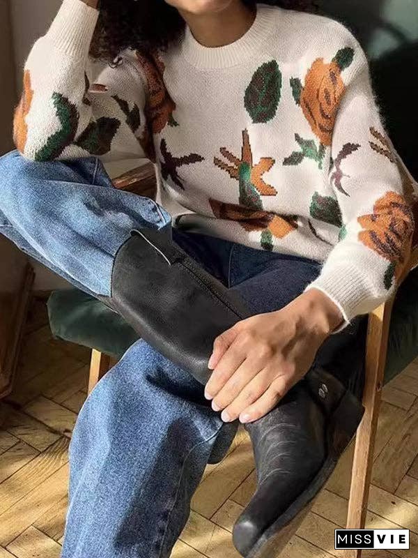 Long Sleeves Loose Flower Print Round-Neck Pullovers Sweater Tops