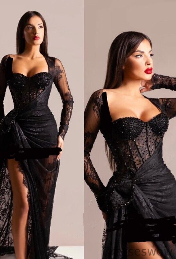 Dresseswow Black Long Sleeves Evening Dress Lace With High Slit