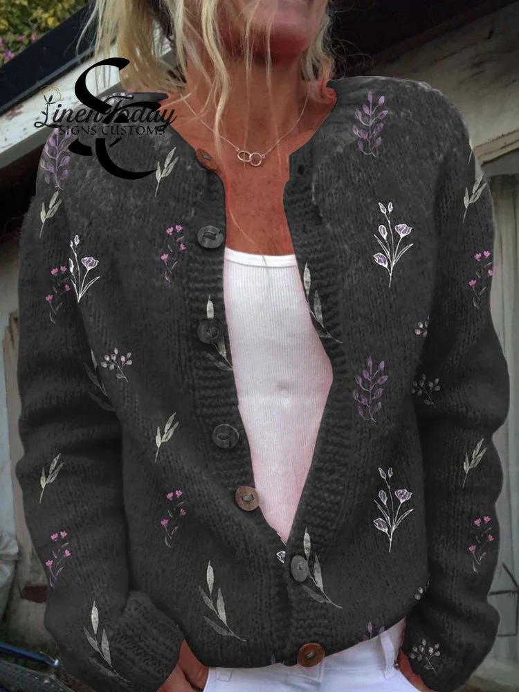 Floral  Art Print  Buttoned Cardigan Sweater