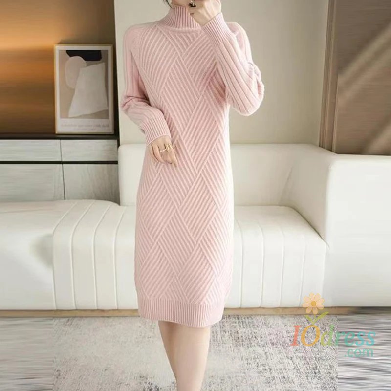 IO Dress Abrini Autumn Winter Women Wool sweater Dress Mock Neck Ribbed Solid Knit Dresses Elegant Lady Party Bottoming Cashmere Vestidos