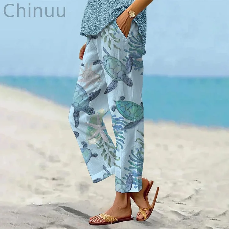 Beach Turtle Print Casual Pants