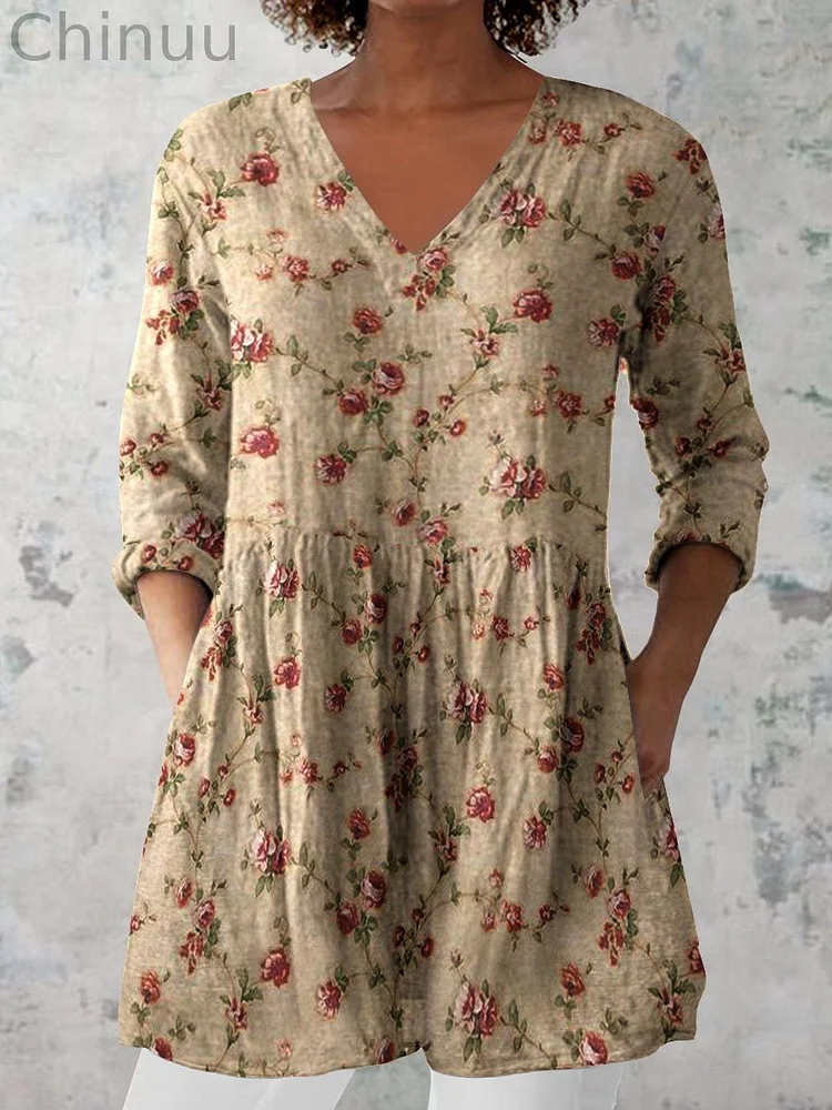 Women's Retro Floral Art Print Casual Cotton And Linen V-neck Top
