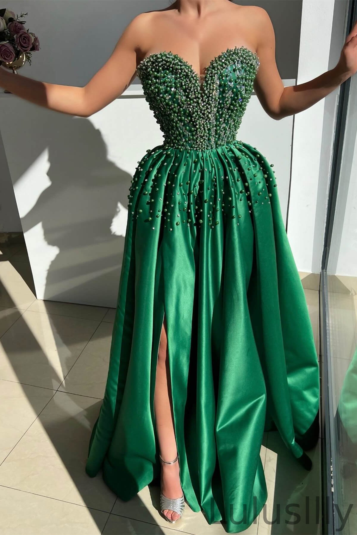 Classic Emerald Green Sweetheart Sleeveless A-Line Evening Gowns With Split Beads Pearls - lulusllly