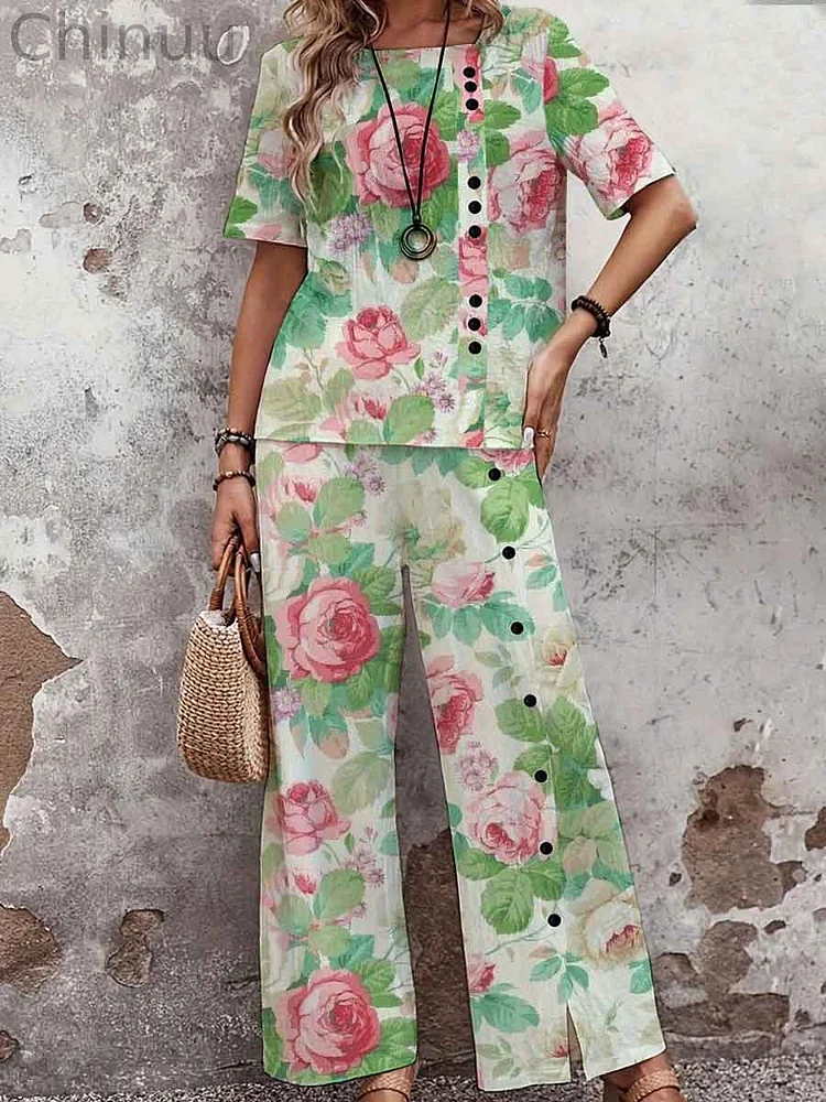 Women's Elegant Rose Floral Print Top Set