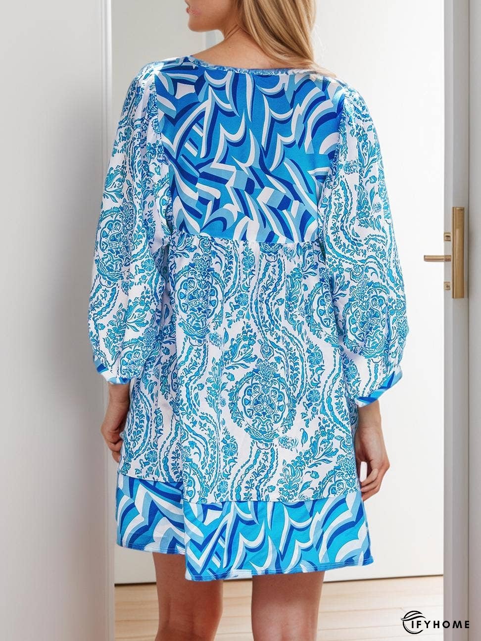 Bohemian Print Puff Sleeve Tied Flared Mini Dress | IFYHOME