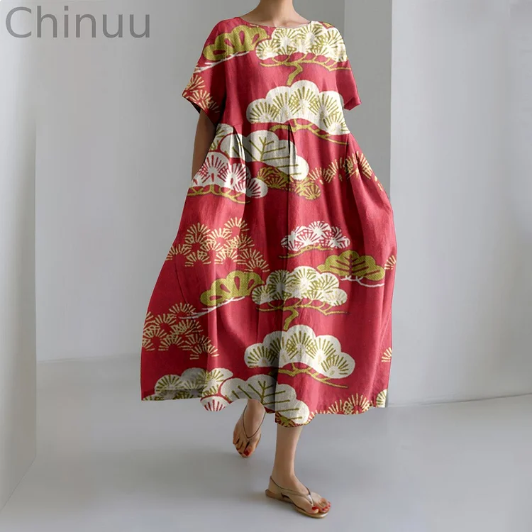 Japanese Plum Bossom Art Linen Blend Casual Dress